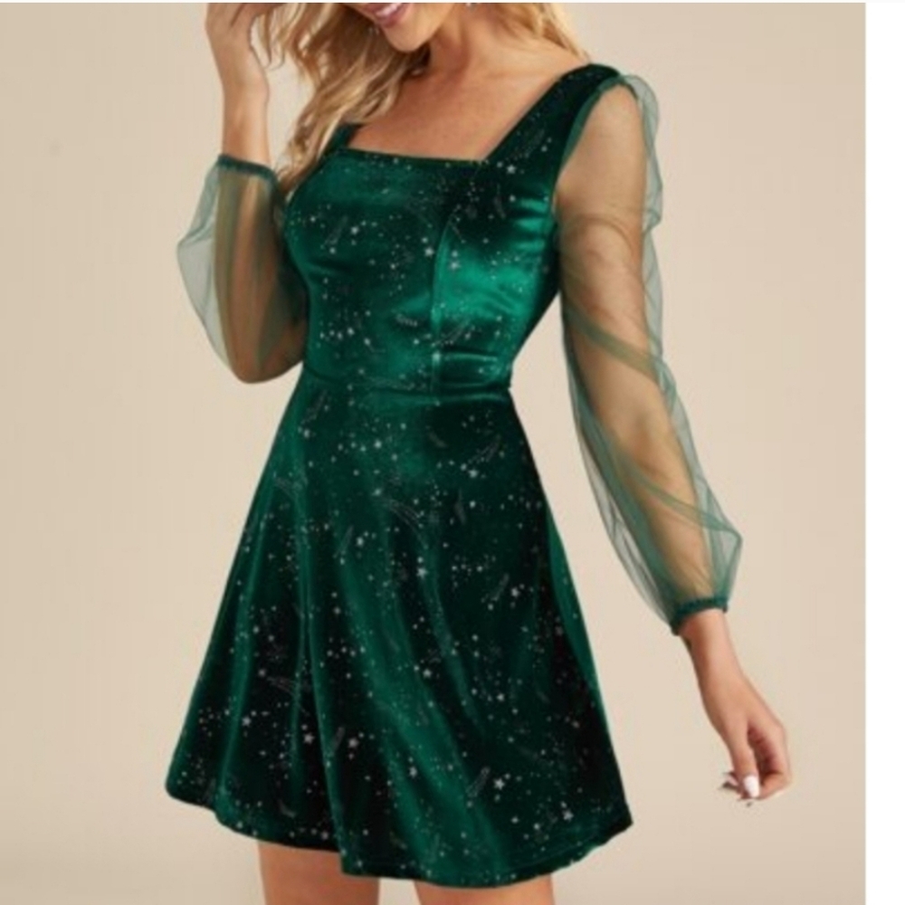 Zapaka Velvet Shooting Stars Sheer Sleeve Fit Flare Dress